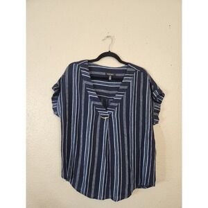 Ellen Tracy Striped Blouse V-Neck Short Sleeve Casual‎ Top Linen Blue Size M